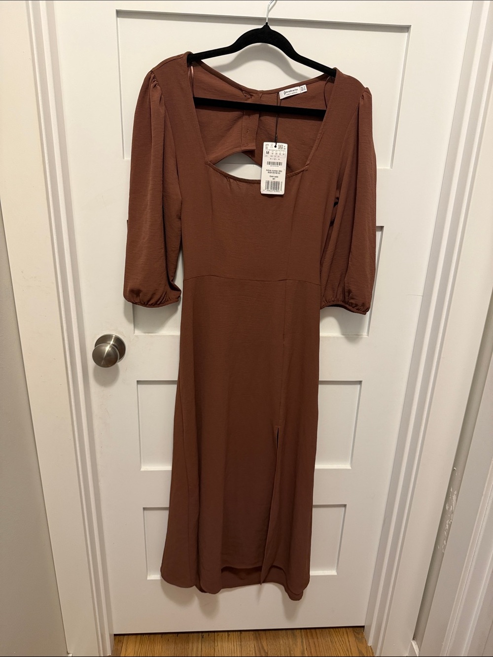 stradivarius Rust-Brown Square Neck Long Sleeve Midi Dress - Picture 3 of 5